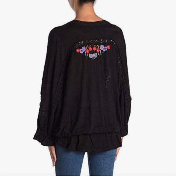 Free People Serafina Boho Embroidered Crochet Black Colorful Top Medium - Picture 9 of 9
